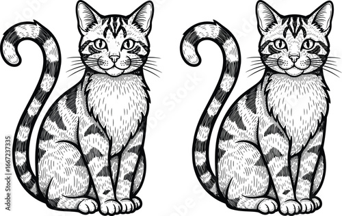 Two charming tabby cats with striped tails sit attentively, rendered in a delightful black and white illustration style.
