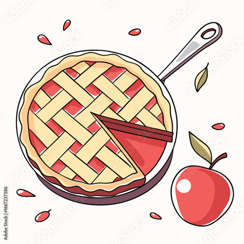 Tasty apple pie with lattice crust rests in a skillet beside a fresh apple
