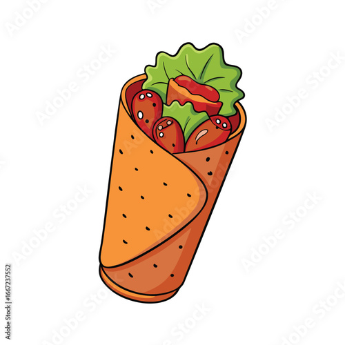 Delicious grilled chicken wrap with fresh lettuce and zesty spicy sauce food illustration