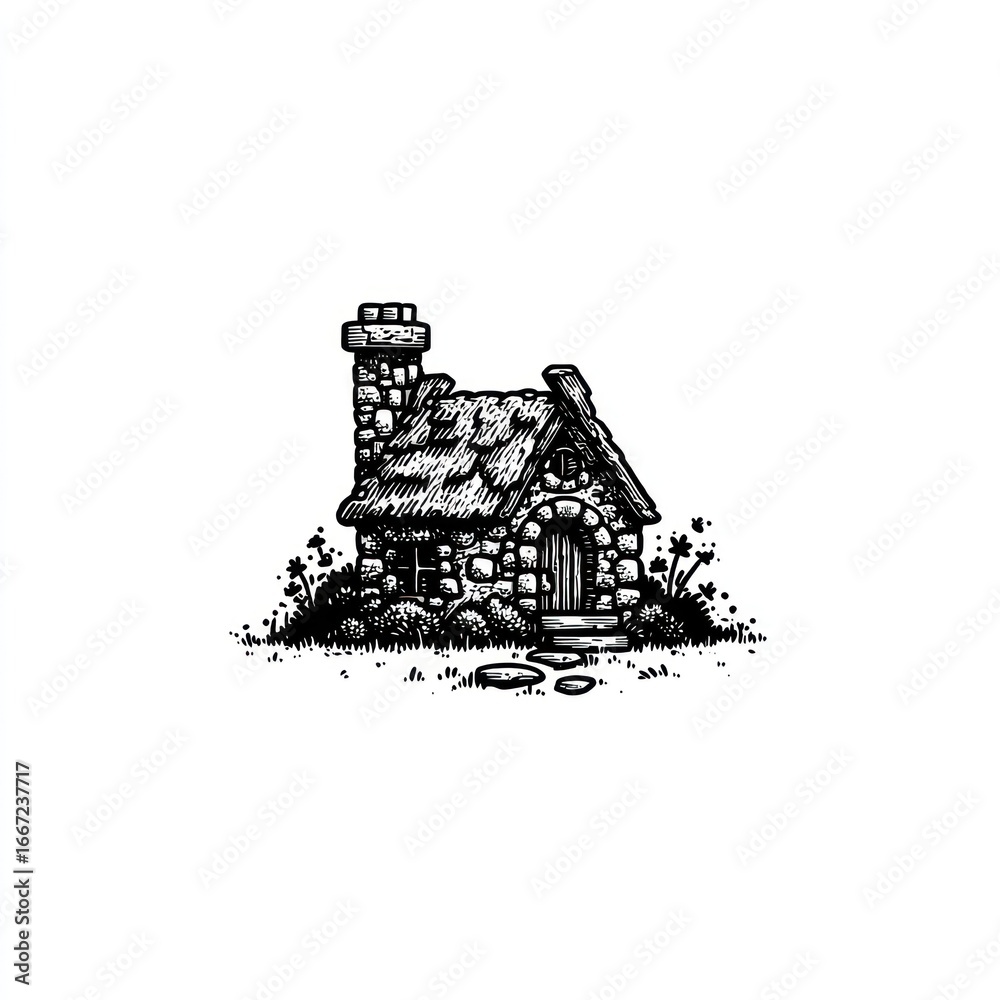 Fototapeta premium Whimsical stone cottage with a thatched roof and a chimney