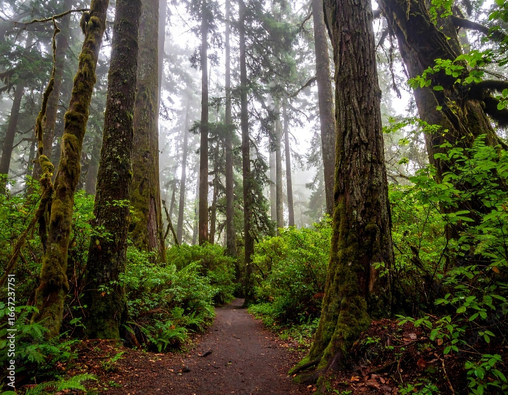 Obraz premium Lush forest path in misty light