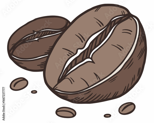 A hand-drawn illustration of two large roasted coffee beans with smaller grounds scattered on a white background.
