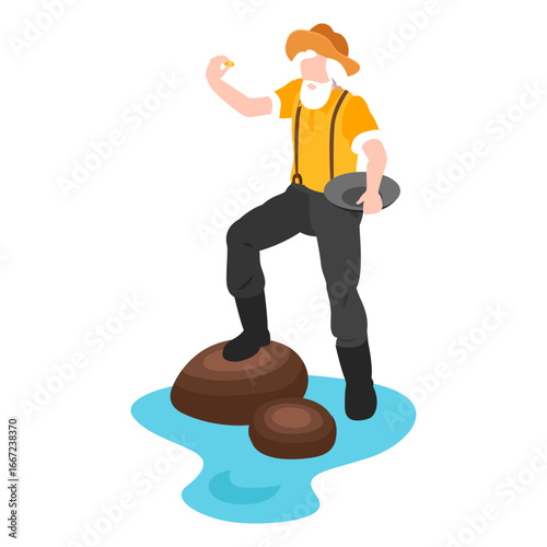 Experienced Gold Prospector Discovering a Precious Nugget in a River, a Concept of Fortune