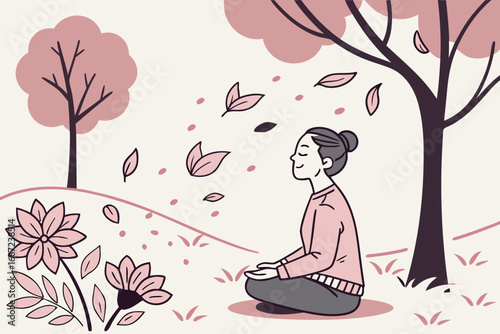 Woman meditating in a peaceful autumn park scene.