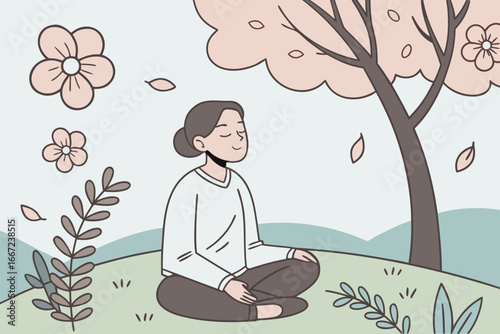 Woman peacefully meditating in a blooming spring garden.