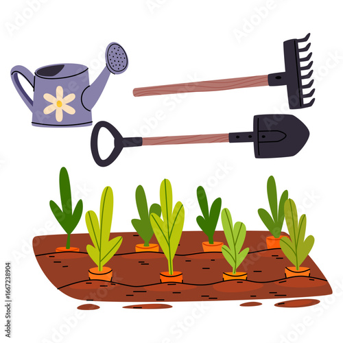 Gardening tools and a carrot patch cultivating a vibrant home garden