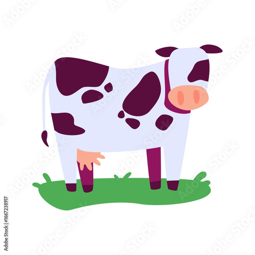 Cute Cow Illustration Standing On Green Grass On White Background