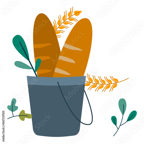 Bucket of Freshly Baked Baguettes and Wheat Stalks Decorated with Leaves