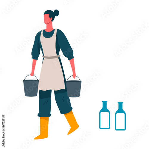 Diligent farm worker carefully transporting fresh dairy products in buckets for daily tasks