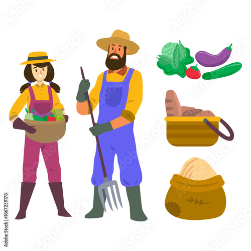 Farmers with basket, pitchfork and harvest vegetables set in cartoon illustration