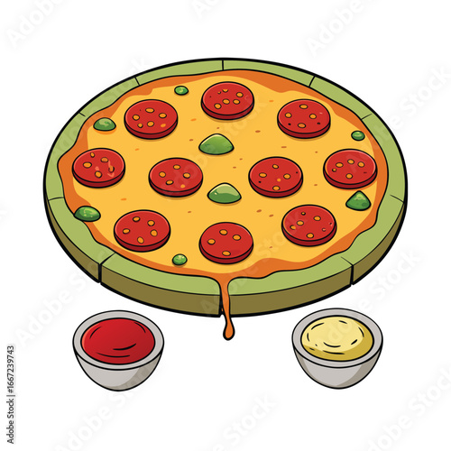 Delicious large pepperoni pizza with assorted dipping sauces vector illustration for food marketing