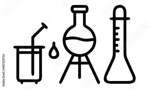 A collection of colorful chemistry lab flasks and glassware, including beakers and test tubes, for scientific research