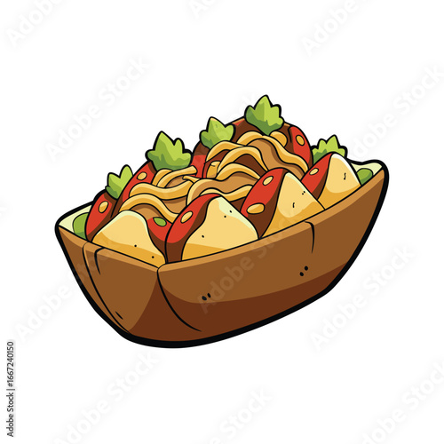 Delicious loaded potato wedges with creamy toppings and savory sauce drizzle banner advertisement