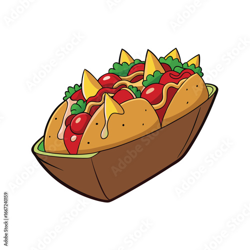 Delicious loaded potato wedges with savory toppings and creamy sauce drizzle advertisement design