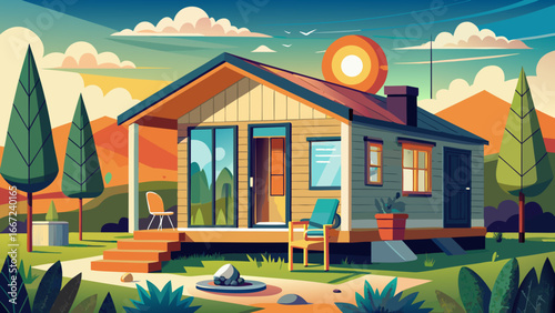 ADU small dwelling unit, in-law cottage or tiny home, semi-realistic abstraction showcasing compact architecture, sustainable vision, and timeless minimalist living solutions.