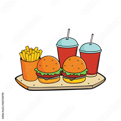 Delicious mini burger sliders with crispy fries and refreshing drink illustration on a clean white background
