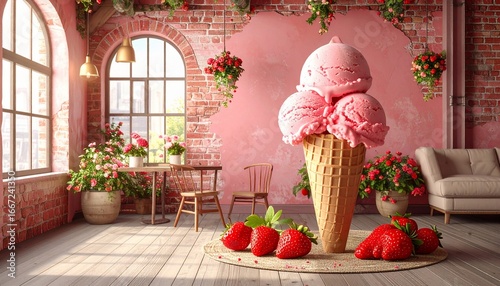 A sweet strawberry ice cream cone in an interior setting surrounded by flowers and light