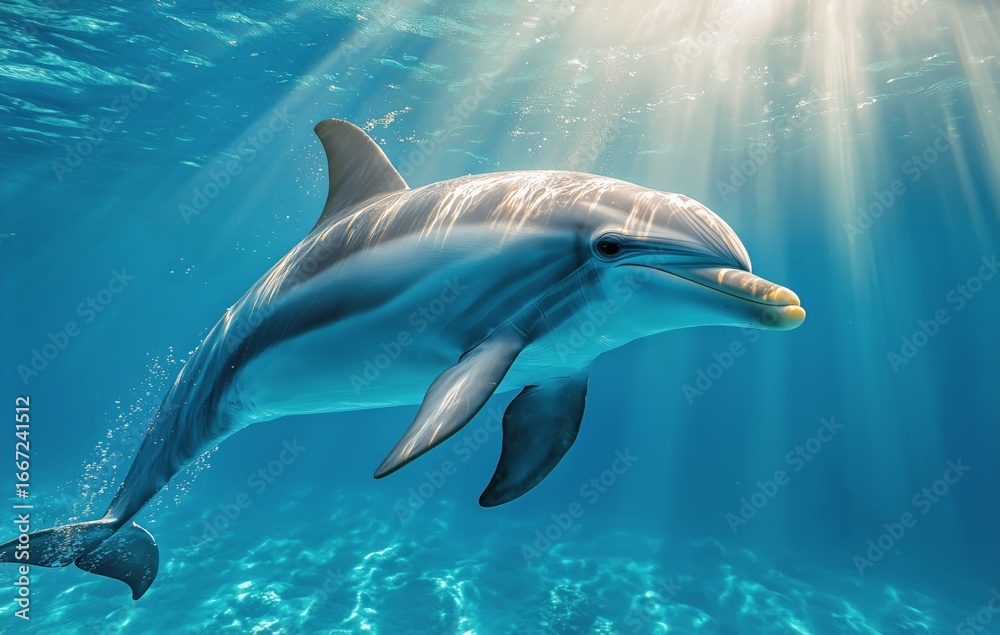 Fototapeta premium Dolphin Swimming Gracefully Through Clear Ocean Water Under Bright Sun Rays.