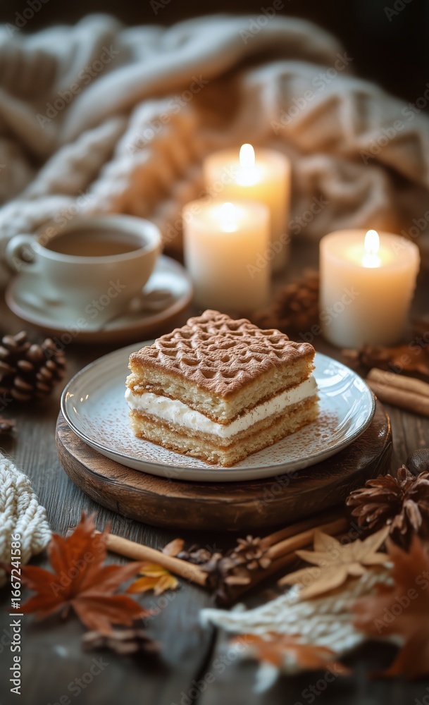 Fototapeta premium Warm Cozy Dessert Setting With Layered Cake and Coffee During Autumn Evening
