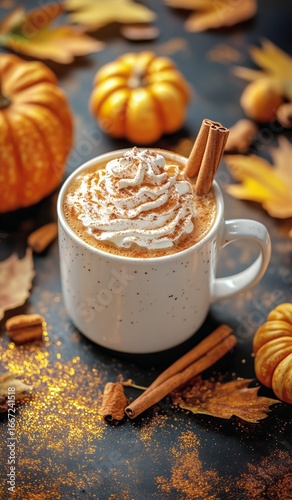 Cozy Autumn Drink With Whipped Cream and Cinnamon Surrounded by Pumpkins and ...
