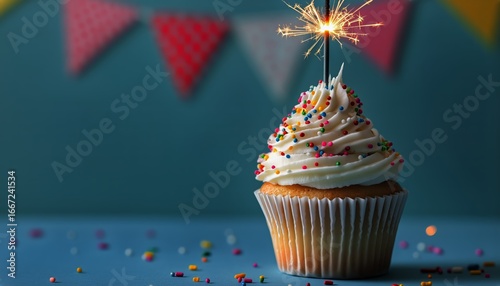 Festive Cupcake With Sparkler and Colorful Decorations for Celebration Events.