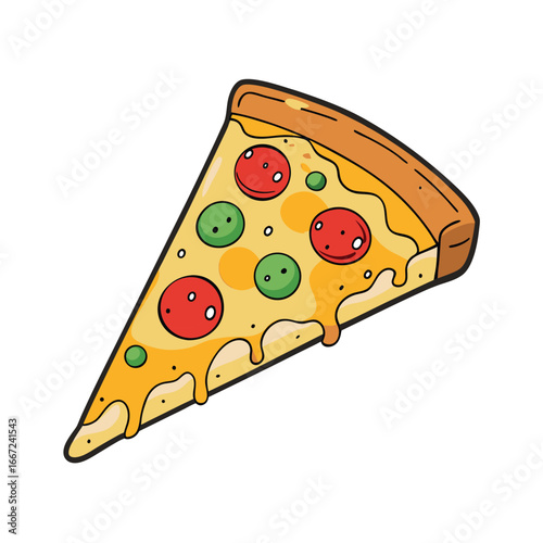 Deliciously illustrated pizza slice with a generous variety of colorful toppings and melted cheese