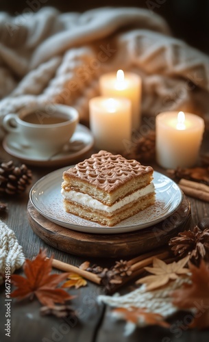 Warm Cozy Dessert Setting With Layered Cake and Coffee During Autumn Evening