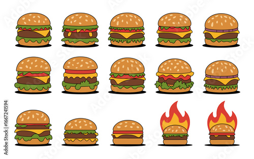 Cartoon Cheeseburger Collection with Various Toppings Featuring Flame Grilled Options Fresh and Tasty Fast Food Icons Set