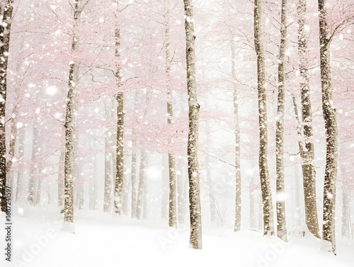 Pink Trees Snowfall Winter Forest Scene