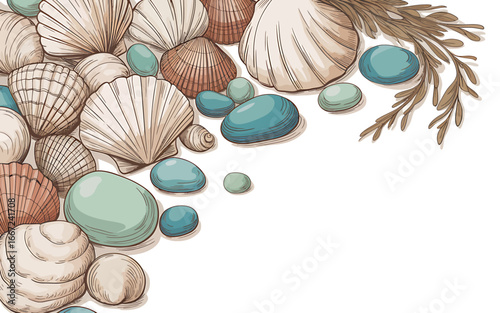 Seashells and Pebbles Hand Drawn Illustration for Coastal Decor or Beach Themed Crafts and Invitations