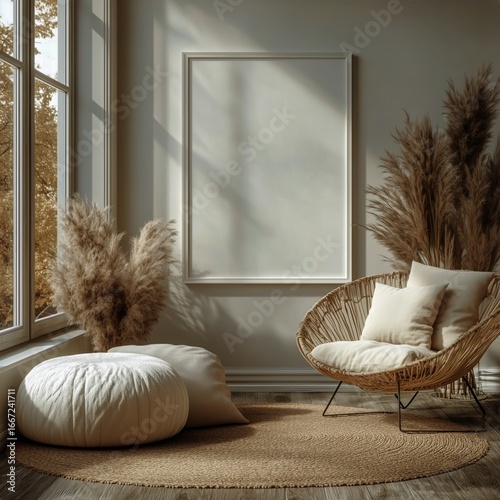 Cozy Modern Interior Design Featuring a Chair and Decorative Plants in Warm T...