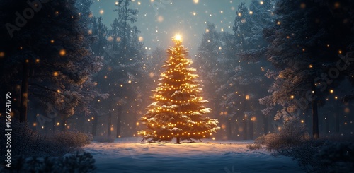 Magical Christmas Tree Illuminated in Snowy Forest During Winter Night
