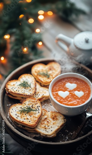 Delicious Heart-Shaped Toast Served With Warm Tomato Soup in Cozy Setting
