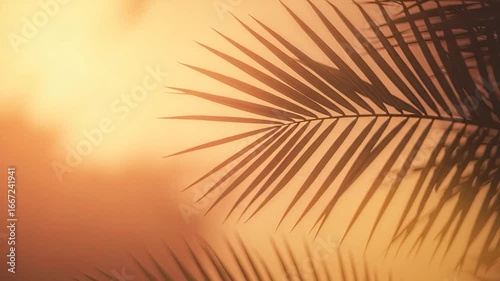 Silhouetted palm leaf details against a soft, warm sunset backdrop.