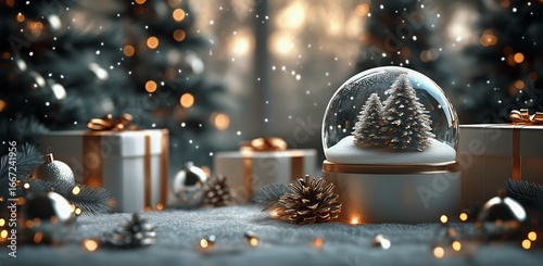 Winter Wonderland in a Snow Globe With Festive Decorations and Gifts