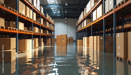 Flooded Warehouse Interior with High Shelves and Cardboard Boxes.