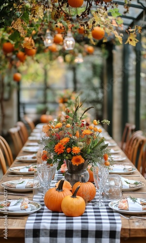 Beautifully Decorated Dining Table With Pumpkins and Flowers in a Greenhouse ...