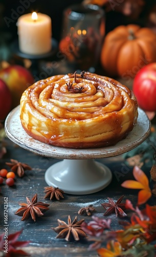 Delicious Spiral Cake Decorated for a Cozy Autumn Gathering With Pumpkins and...