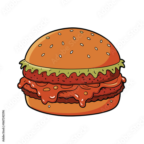 A delicious sloppy joe burger illustration with a generous messy meat filling and a soft bun presented in a vibrant vector design