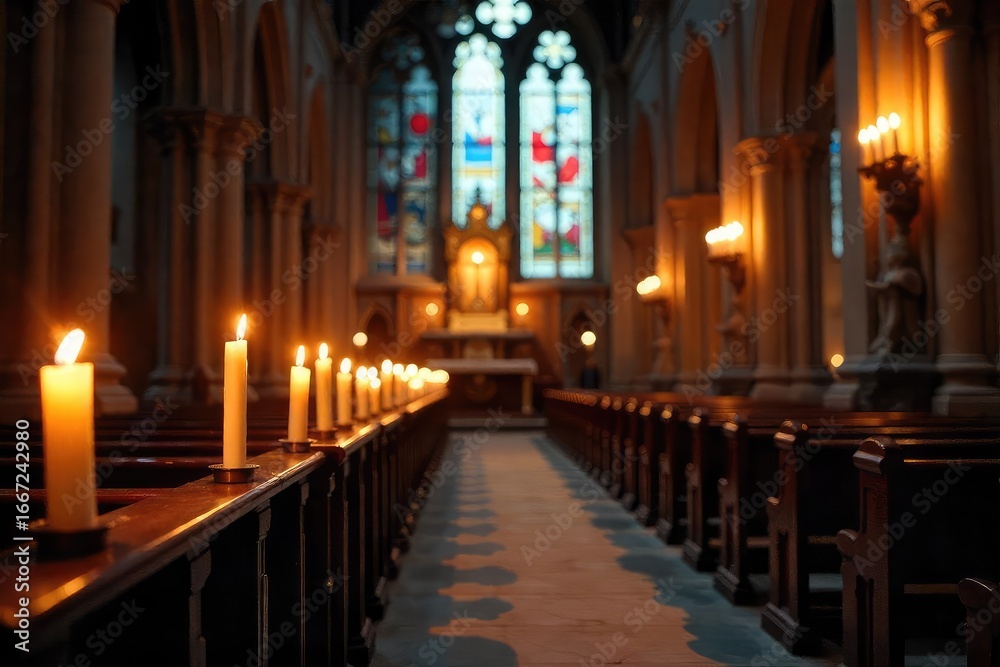 Fototapeta premium Candles illuminate a dimly lit church sanctuary, casting warm, ethereal light on ornate details Perfect for faith, spirituality, hope, worship, and religious themes , ornate, altar, reverence