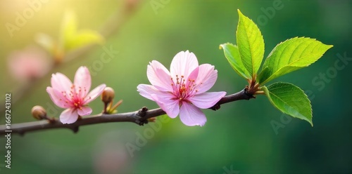 Close-up of a blossoming branch, delicate pink flowers and vibrant green leaves, signifying renewal and growth, perfect for holistic healing concepts , renewal, flourishing