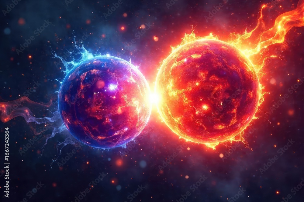 Obraz premium Close-up of two powerful, glowing orbs clashing in a cosmic battle, energy radiating outwards in vibrant hues A fierce, abstract representation of opposing forces colliding , explosion, aura, beams