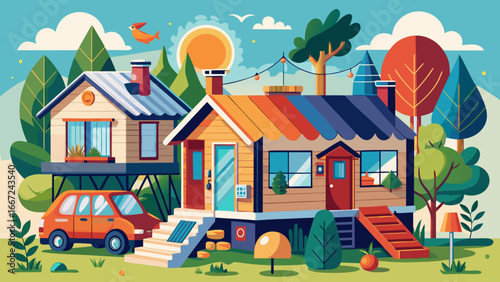 Tiny homes, ADUs, little houses embracing compact living, semi-realistic abstraction balancing efficiency, sustainability, and design, timeless celebration of small-space harmony.