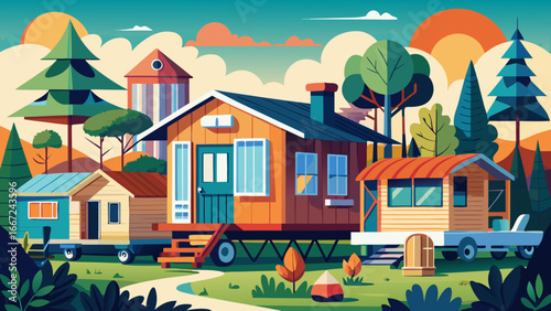 Tiny homes, ADUs, little houses embracing compact living, semi-realistic abstraction balancing efficiency, sustainability, and design, timeless celebration of small-space harmony.