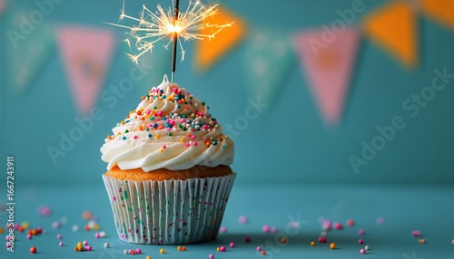 Delightful Cupcake With Sparkler and Colorful Decorations for Party Celebration