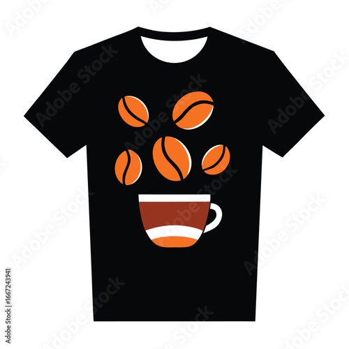 Black t-shirt with coffee cup and falling coffee beans graphic apparel clothing