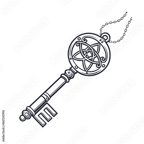 Intricate old iron skeleton key adorned with mystical cursed rune engravings for fantasy designs