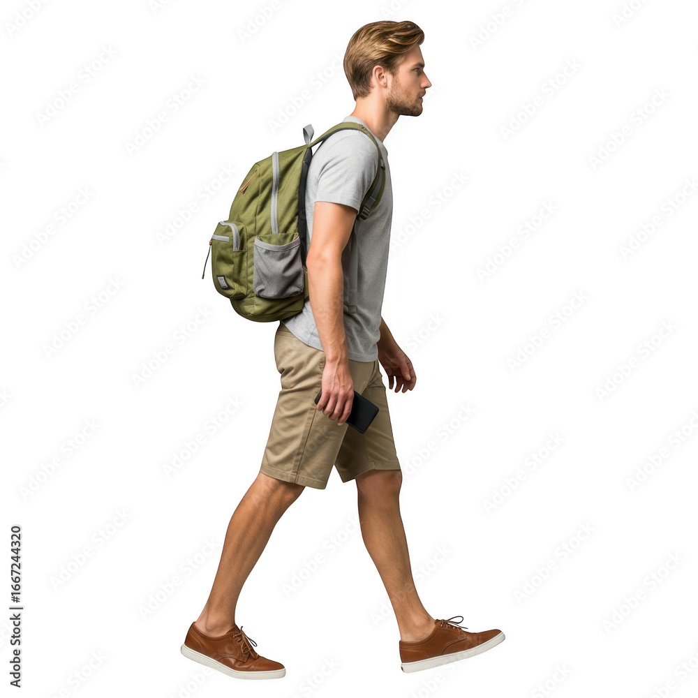 Naklejka premium Young man wearing backpack walking outdoors enjoying a summer day adventure transparent background