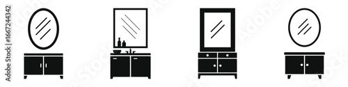 Set of Bathroom Cabinet with Mirror Silhouette Icons – Black Vector Illustrations of Modern Vanity Cabinets for Bathroom Storage, Interior Design, Home Decor, and Organization Projects
