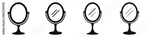 Set of Table Mirror Silhouette Icons – Black Vector Illustrations of Oval Makeup Mirrors for Vanity, Bathroom, Bedroom, Beauty, Grooming, Interior Design, and Home Decor Projects
